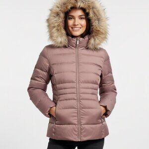 🧥 Calvin Klein Mauve Pink Down Blend Puffer Coat Faux Fur Hood M - SUPER WARM